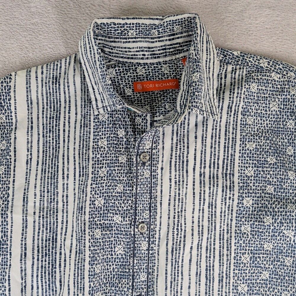 Tori Richard Button Up Shirt Men's XS Long Sleeve Geometric Print Blue/Gray